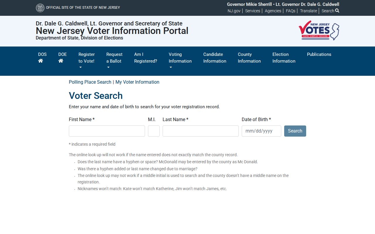 Millburn residents directory New Jersey voter status screen